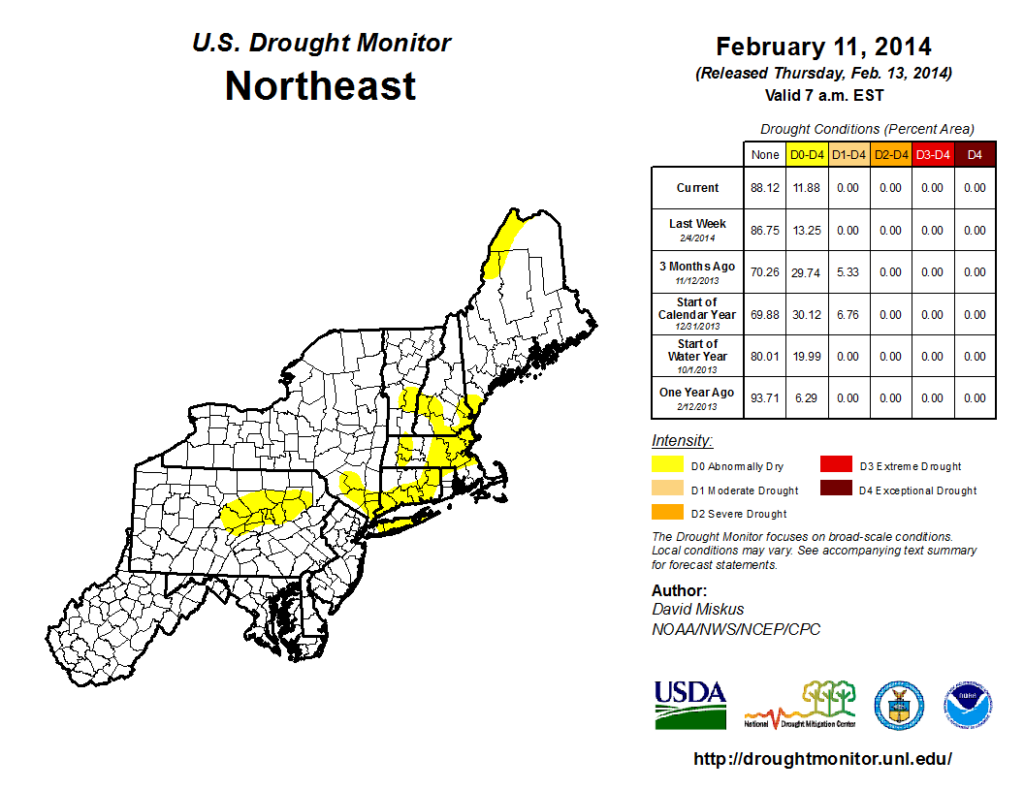 A drought monitor map of the Northeast.